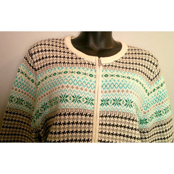 Talbots Blue Fair Isle Cable Knit Crew Neck Full Zip Sweater Women's 2X - Picture 2 of 6